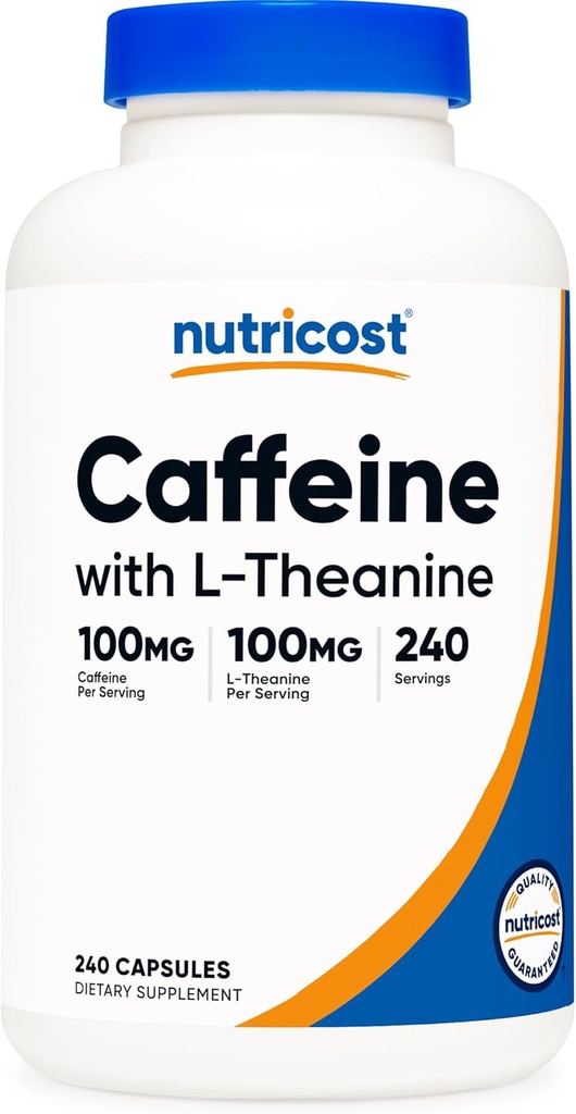 Caféine Nutricost avec L-Theanine, 100mg de chacune, 240 Capsules, 240 portions - Sans OGM et sans gluten