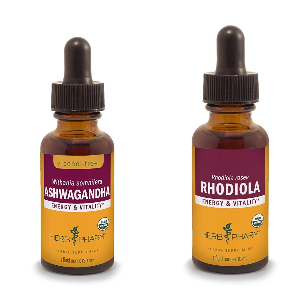 Herb Pharm Ashwagandha & Rhodiola Root Extracts for Energy, Vitality, Endurance & Stamina, Alcohol-Free Glycerite & Organic Cane Alcohol, 1 Oz Each