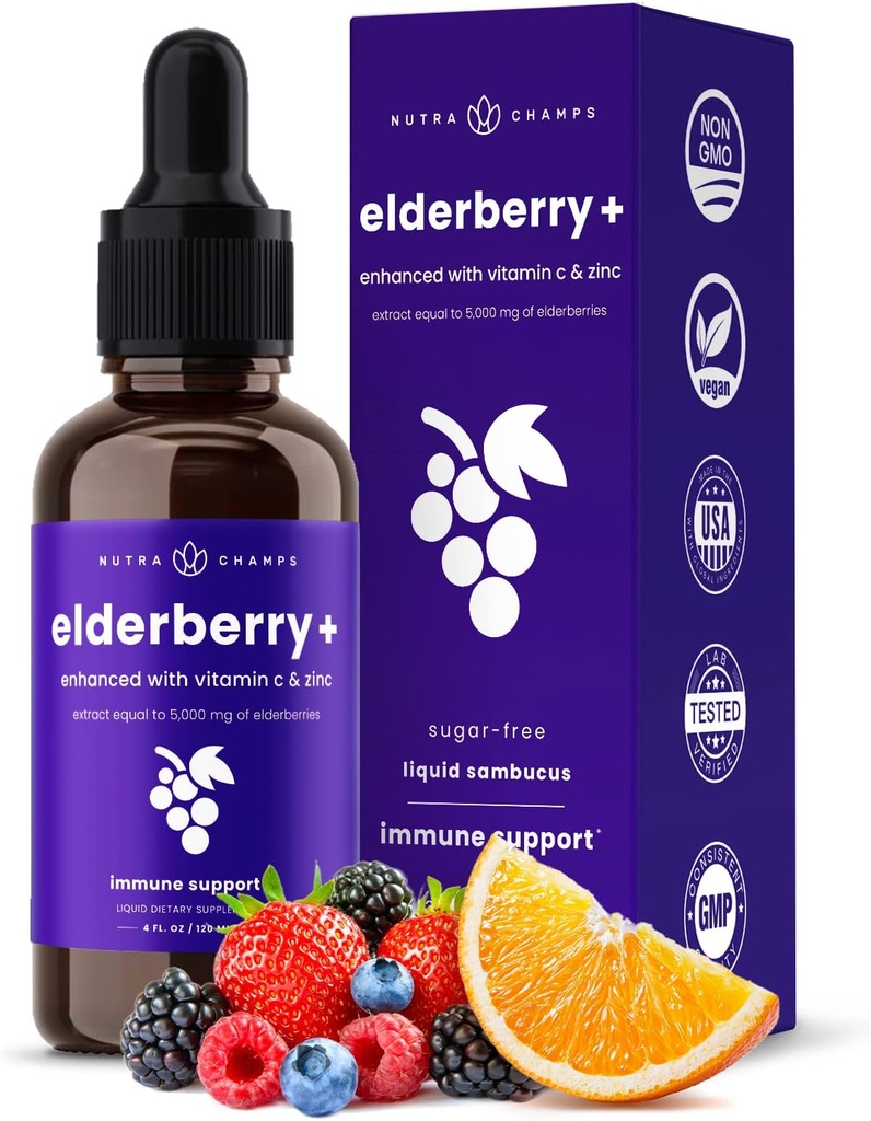 NutraChamps 유기 Elderberry Syrup - 비타민 C 및 아연 5000mg Elderberry 추출 - 검은 Elderberry 액체 드롭 - 설탕 무료 면역 부스터, Vegan, 글루텐 프리
