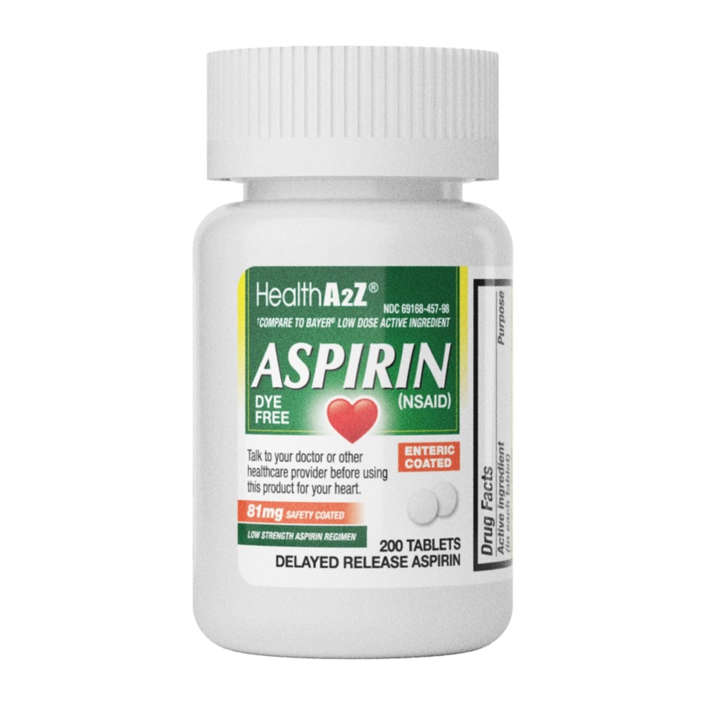 HealthA2Z® Aspirin 81 mg, DYE Free, Low Strength, 200 Counts, Pain Relief, Reduces Minor Aches Muscle Pain & Cramps, Fever Reducer, Reduces Headache, (NSAID)