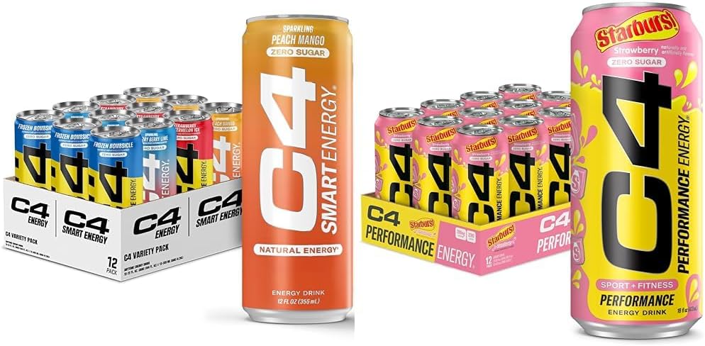 C4 Energia ja nutikad energiajoogid Variety Pack, Sugar Free Pre Workout Performance Drink & C4 energiajook, STARBURST maasikas, gaseeritud suhkruvaba enne treeningut