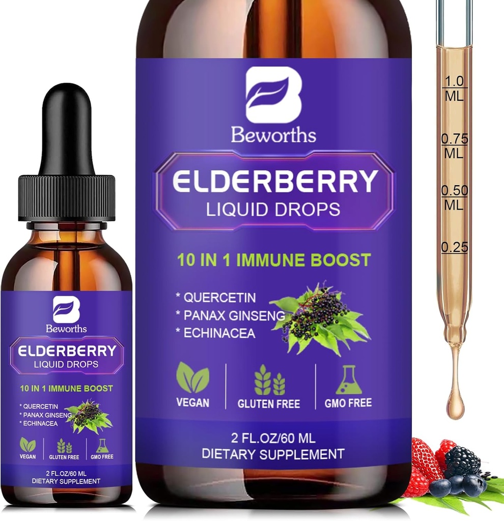 Benderberry Symps Black Elderberry Drops with Quercetin, Panax Ginseng, C-vitamin és Cink, Sambucus Elderberry Symple Liquid, Vegan, Non-GMO & Gluten Free