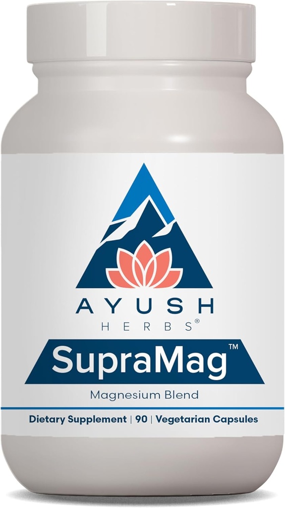 Ayush Herbs SupraMag - Magnesio Blend, 400mg Suplemento complexo de magnesio con bicarbonato de magnesio inflamado, citrato, ororate para o sono, a enerxía e a saúde cerebral - 90 cápsulas vexetarianas (1 Count)
