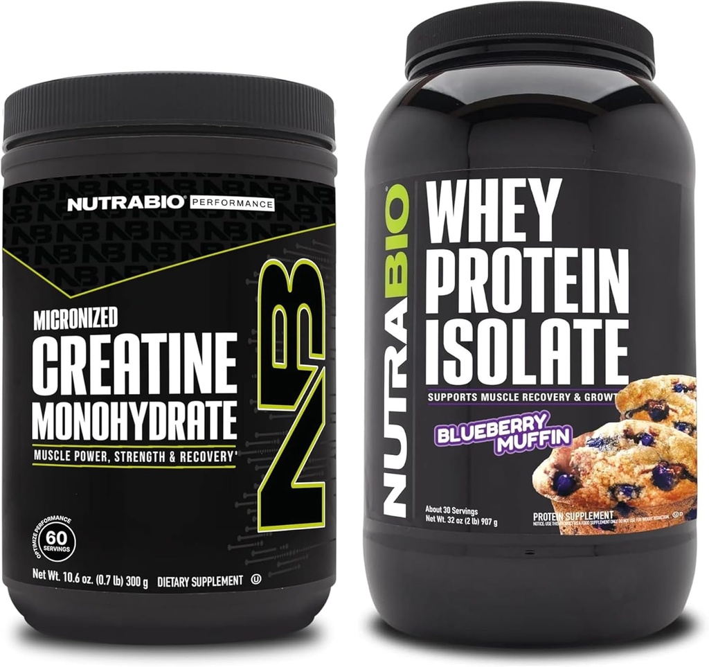 NutraBio Kreatin Monohydrat, Unflavored, 300g og Whey Protein Isolate, Blueberry Muffin, Supplement Bundle - Muscle Energy, Lean Muscle vekst, Recovery, og styrke