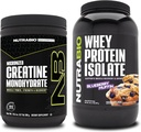 NutraBio Creatine Monohidrate, unflavod, 300g i Whey Protein Isote, Blueberry Muffin, Grup de paquets suplementaris - Energy Moscle, Creixement de Lean Muscle, Recobery i Fortalesa