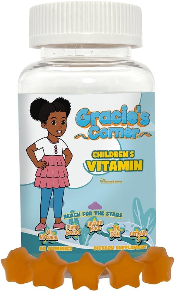 Gracie 's Corner Stars Kids Multivitamin Gummies with Omega 3 - Children' s Vitamins A, B, C, D - Star- Shaped Toddler Multivitamins, Plant- based, Gluten- Free Kids Gummy Vitamins, 60 Count