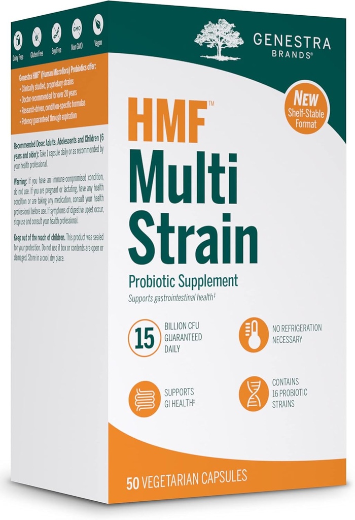 Genestra Brands HMF Multi Strain 124; Shelf-Stable Probiotic Supplement for Gastraintestinal Health * 550 Vegetarian Capsules