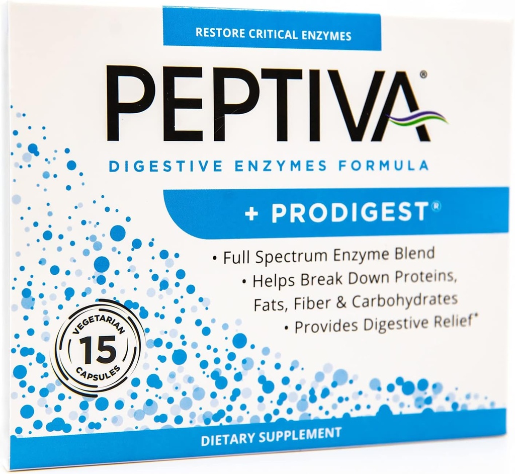 Peptiva Digestive Enzyme Supplement + ProDigest - Pomaga z napenjanjem, plin, zaprtje - 15 Count