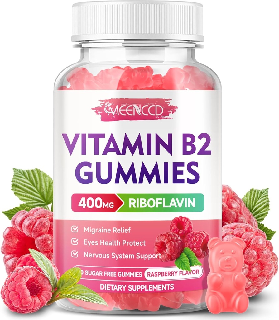 Vitamin B2 Gummies Riboflavin 400mg Supplement med magnesium for barn og voksne, B2 Gummies for megrain lindring og nervesystem støtte, vegansk, sukkerfri, bringebær flavor, 60 Count