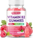 Vitamina B2 Gummies Riboflavin 400mg Supplemento con Magnesio per bambini e adulti, B2 Gummies per il supporto del sistema nervoso e del sollievo della migrania, Vegan, senza zucchero, aroma di lampone, 60 Conte