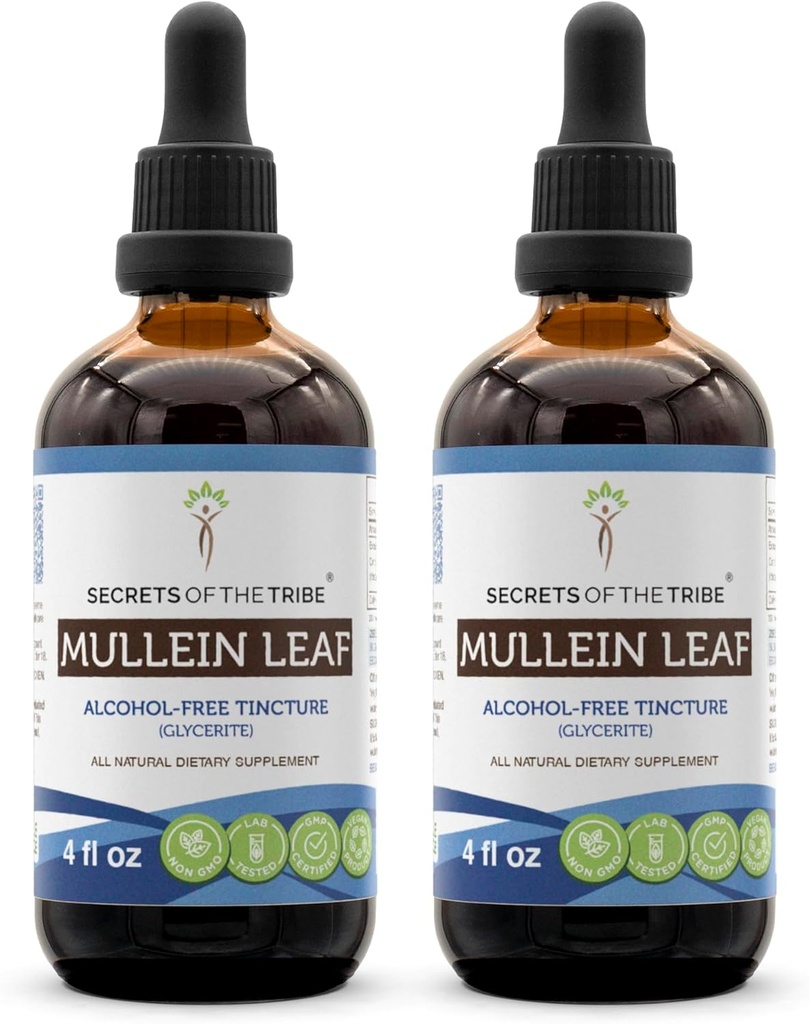 Secrets of the Tribe Mullein Leaf Alcohol-Free Liquid Extract, Mullein (Verbascum thapsus) Tincture Supplement (2x4 FL OZ)