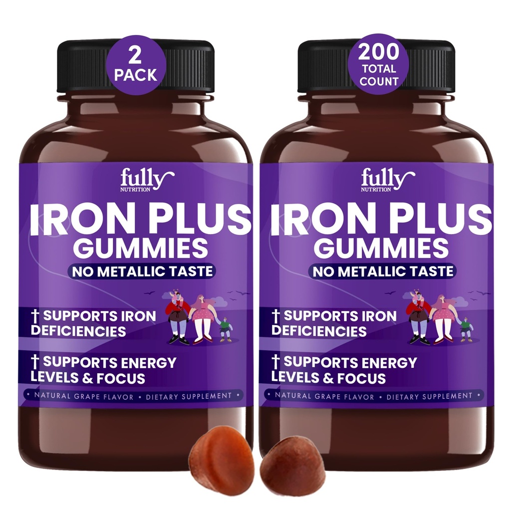 Iron Gummies Supplements for Adults (Women, Men) and Kids – Grape Flavor- Supports Anemia, Energy and Focus Levels – 200 Count