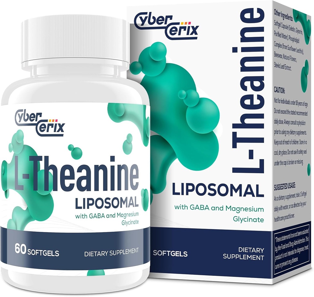 L-Teanina lipossomal 500mg, Complexo com GABA 200mg & Magnésio 100mg, Suplemento de Força Extra para Calma, Relaxamento & Foco, Glúten Grátis - 60 Cápsulas