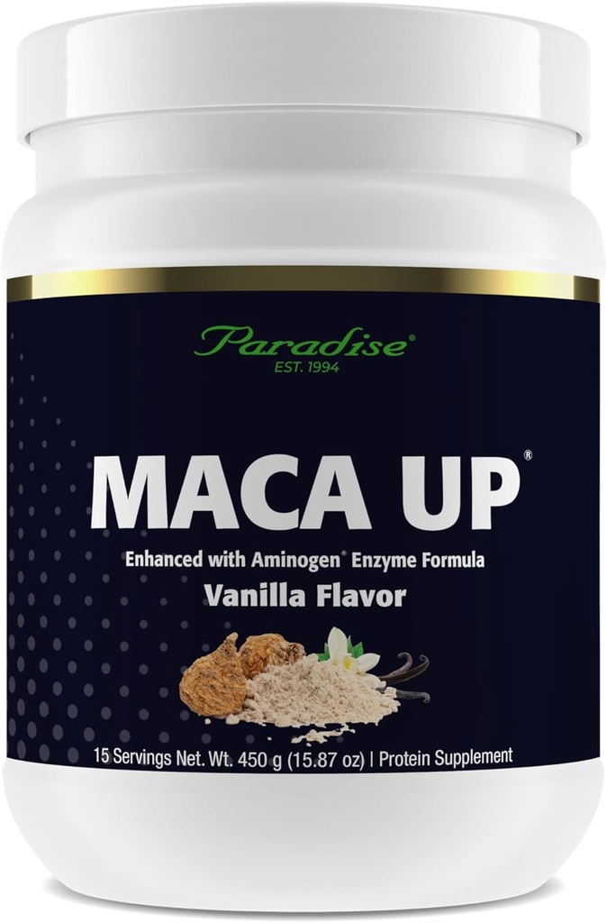 Paradiisitaimed Maca Up Vanilla Vegan Valgupulber, Orgaaniline Herne & Pruun Riis, Maca Juur, Aminogen Digestive Enzyme Blend, Nutrim Oat Bran Fiber, 15 Servings, 450 g