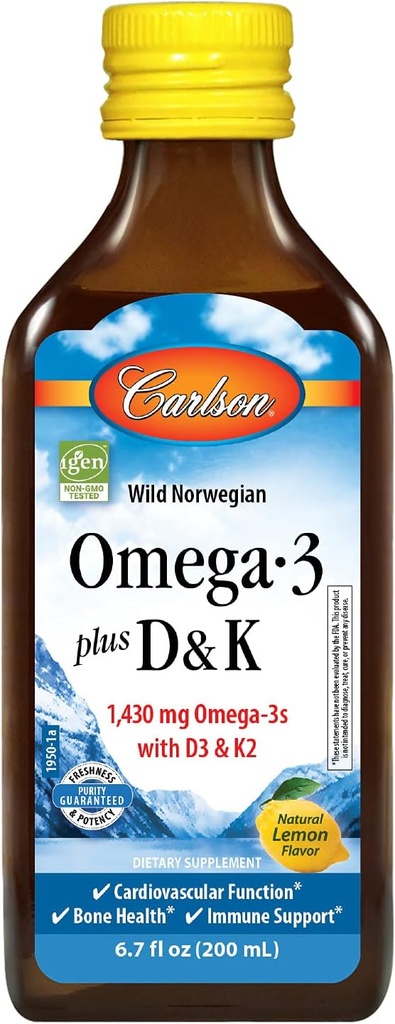 Carlson - Oméga-3 + D & K, 1430 mg oméga-3s, 2000 UI (50 mcg) D3, 90 mcg K2 comme MK-7, Santé cardiaque, Soutien osseux, Citron, 200 mL