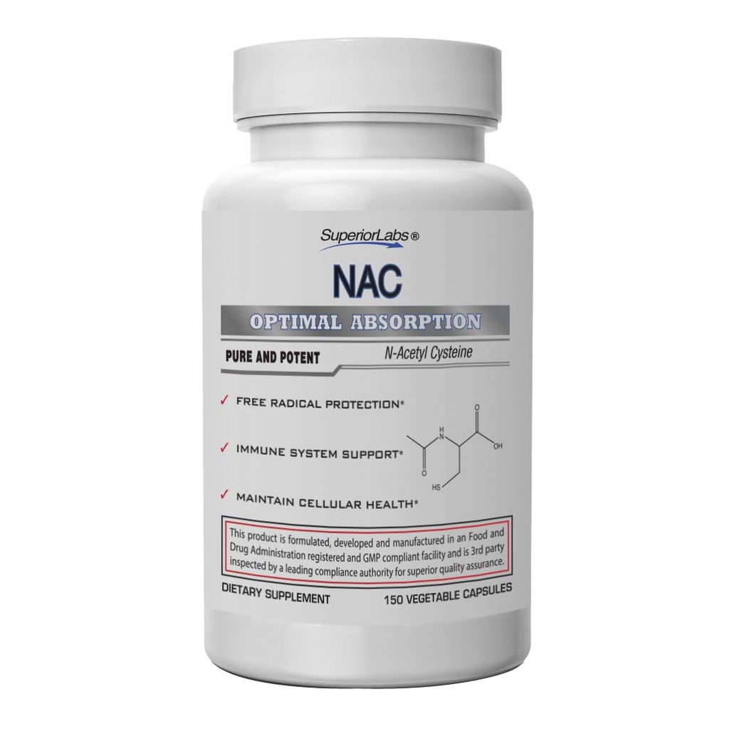 Superior Labs NAC (N-Acetyl Cysteine) 1,200mg, 150 Vegetable Capsules, Dietary Supplement with Selenium, Free Radical Protection, Normal Immune System Function, Maintains Cellular Health
