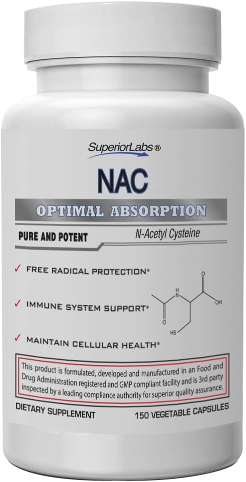 Superior Labs NAC (N-Acetyl Cysteine) 1200 mg, 150 grønnsaker kapsler, kosttilskudd med selen, gratis radikal beskyttelse, normal immunsystemfunksjon, opprettholder cellulære helse
