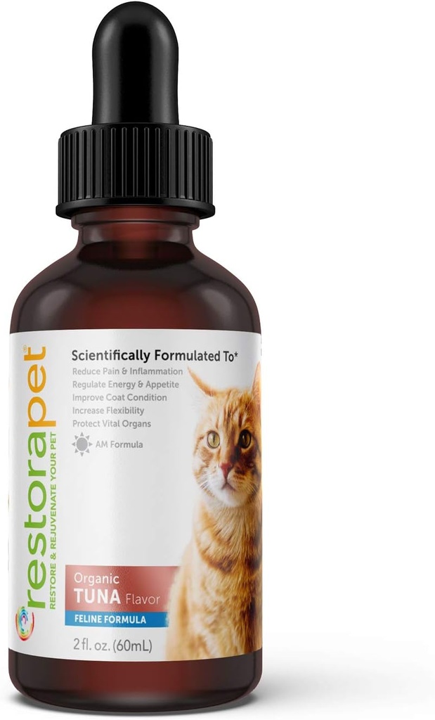 RestoraPet Organic Cat Supplement | Sunn og sikker antioksidant flytende  Drop Anti-Inflammatoric Multi-Vitamin | Øker mobilitet og energi | Cat Joint Supplement | Tuna Flavored