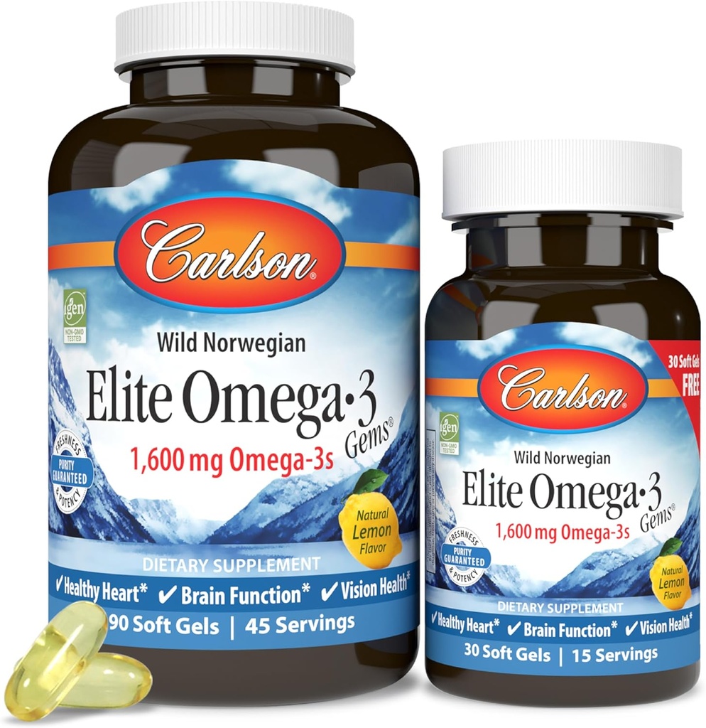 Carlson - Elite Omega-3 Gems, 1600 mg Omega-3 riebalų rūgštys, įskaitant EPA ir DHA, Norvegų, Wild- Caught žuvų taukų papildas, Nepaprastai rausvos kapsulės, citrina, 90 + 30 Softgels
