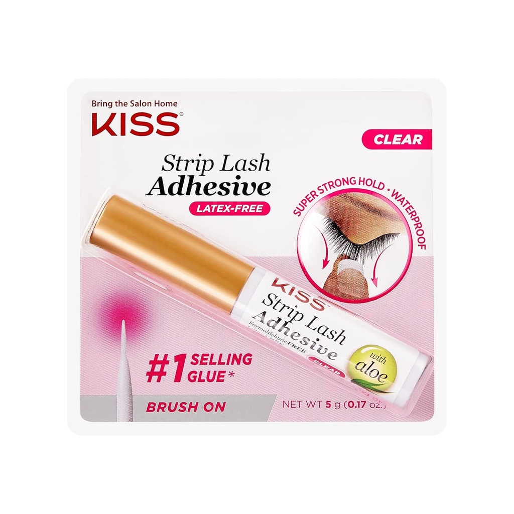 KISS Clear Strip Lash Adhesive with Aloe, Waterproof, Formaldehyde and Latex Free, Odor Free, Cruelty Free, Super powerful Hold Eyelash Glue with Brush Applicator, 0.17 Oz.