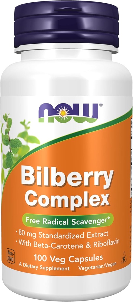 Orain Elikagaien Gehigarriak, Bilberry (Vaccinium myrtillus)Complex 80 mg Beta-Carotene eta Riboflavin-ekin, 100 Veg kapsula
