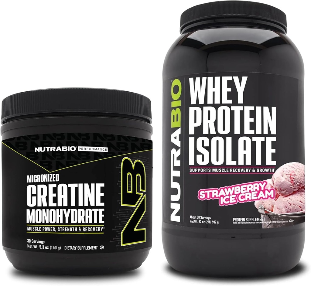 NutraBio Creatine Monohydrate, Unflavored, 150g and Whey Protein Isolate, Strawberry Ice Cream, supplement Bundle - Muscle Energy, Lean Muscle Growth, Recovery, and Strength
