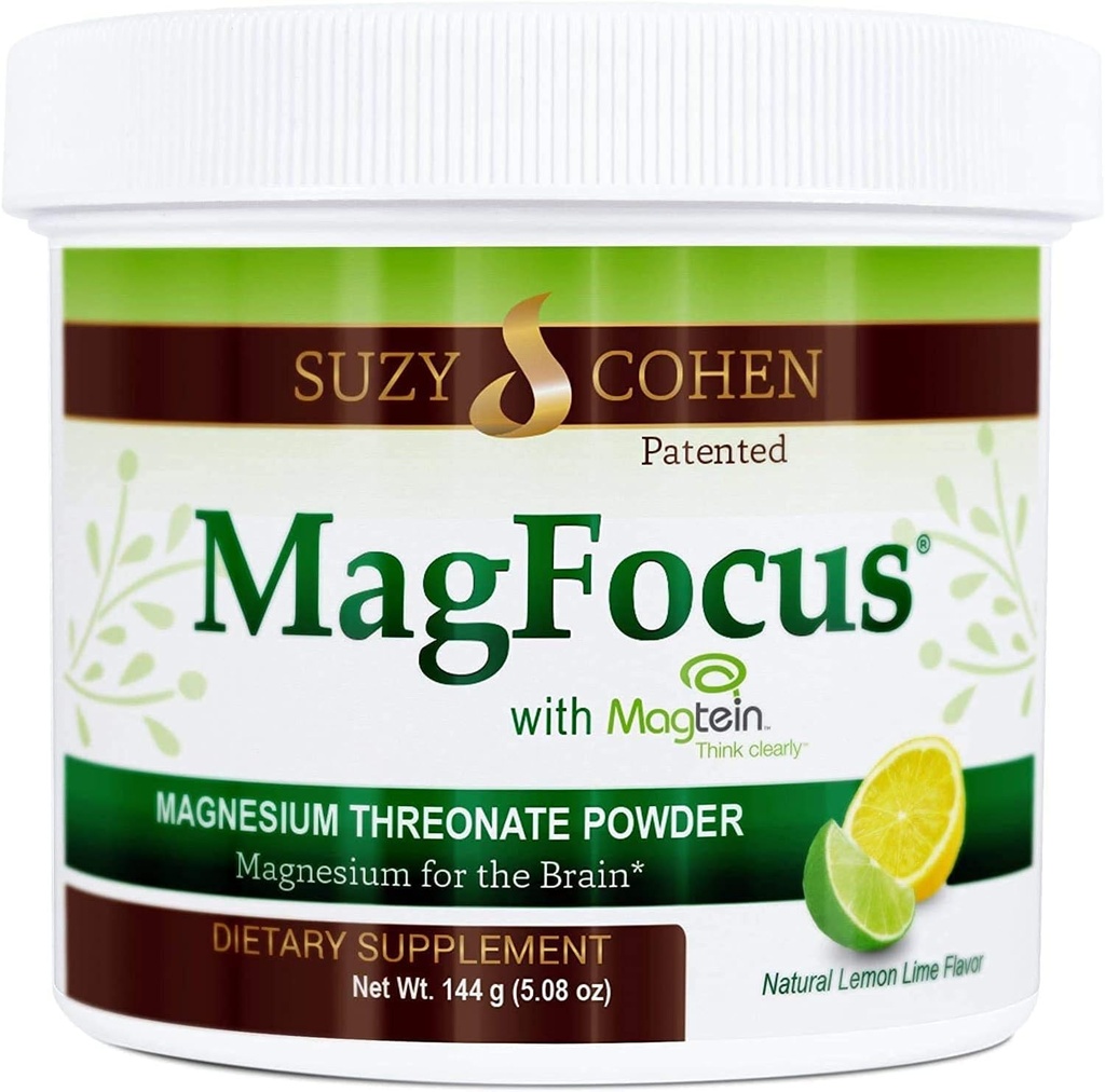 Suzy Cohen MagFocus Magnesium Threonat pulver Kosttilskud 200mg, Sund nerve, Support Cognition, Energy, Knoglesundhed, Stevia, Lemon Flavor, 60 Serveringer