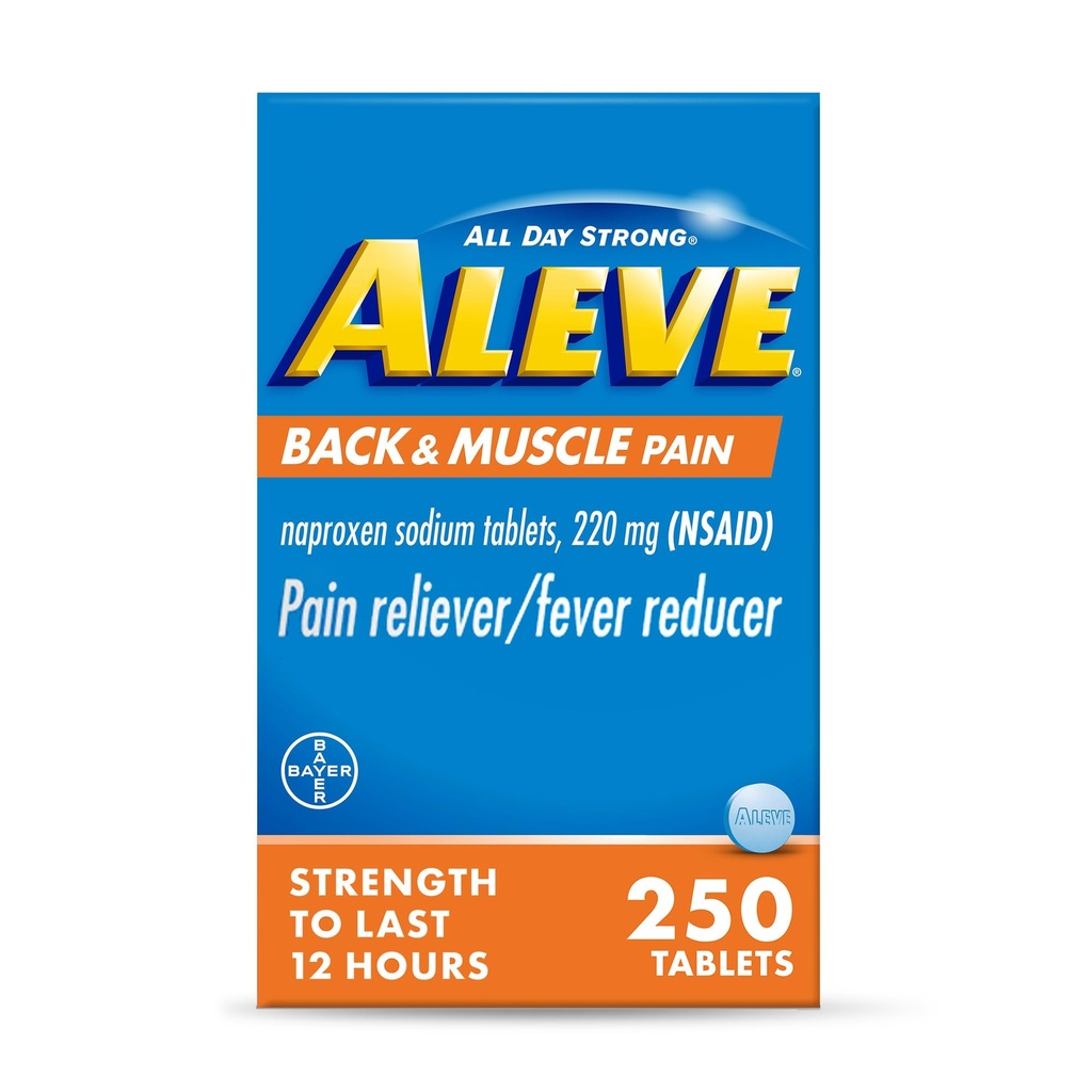 Aleve Back & Muscle Pain Relief Naproxen Sodium Tablets, Pain Reliever & Fever Reducer, Medicine for Body , 250 Count