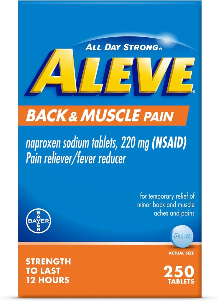 Aleve Back " Muscle Pain Relief Naproxen Sodium Tablets, Pain Reliever " Fever Reducer, Medicine for Body, 250 count