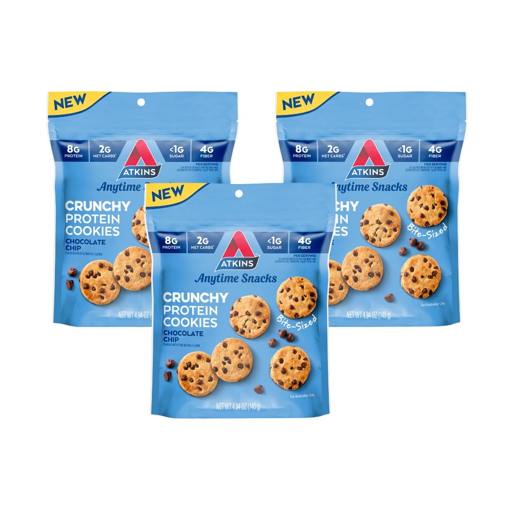 Atkins Bite-Sized biscoitos de proteína crunchy, Chip de chocolate, 8g de proteína, 4g de fibra, 1g de carboidrato líquido, 1g de açúcar, Keto Friendly, 3 sacos (5 Servings por saco)