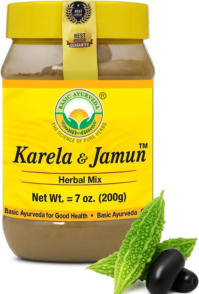 BASIC AYURVEDA Karela & Jamun Herbal Mix Powder | Traditionell Bitter Gourd & Indian BlackBerry Blend | Natural Plant-Based Supplement för Daily Routine & Lifestyle Support | 7,05 Oz (200g)