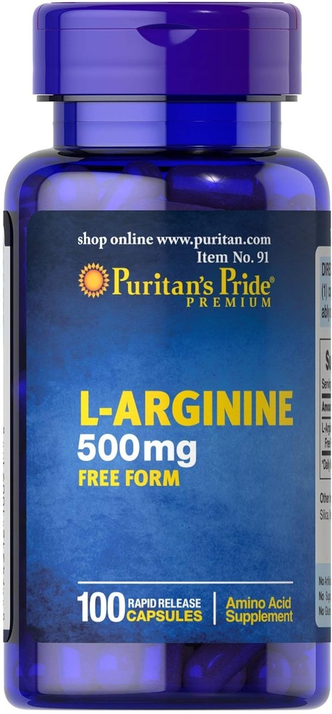 Puritans Pride L-Arginine 500 mg, Heart Health Support, 100 Count