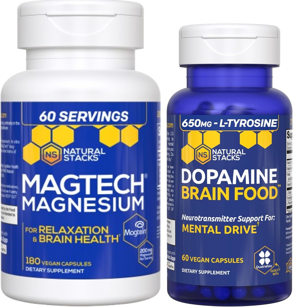 NATURAL STACKS Dopamine Brain Food + Magtech Magnesium Supplement Bundle - підтримує фокус, релаксація та пам'ять* - 240 Всього капсули
