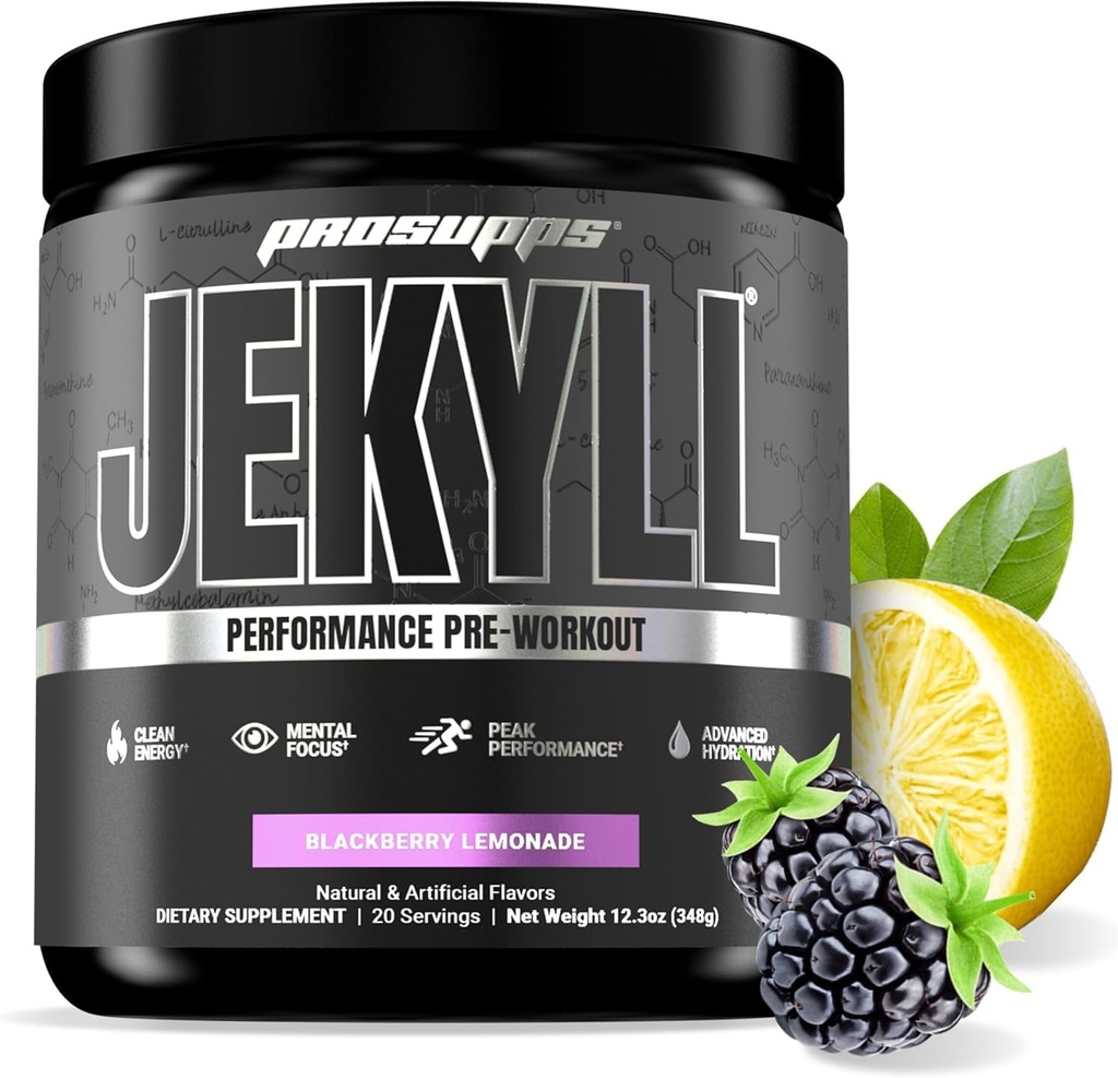 PROSUPPS Dr. Jekyll Performance Pre Workout Powder - Low-Stimulant Preworkout stöder Muscle Gain, Focus & Energy - Caffeine-Free Gym & Fitness Supplements (BlackBerry Lemonade, 30 Servings)