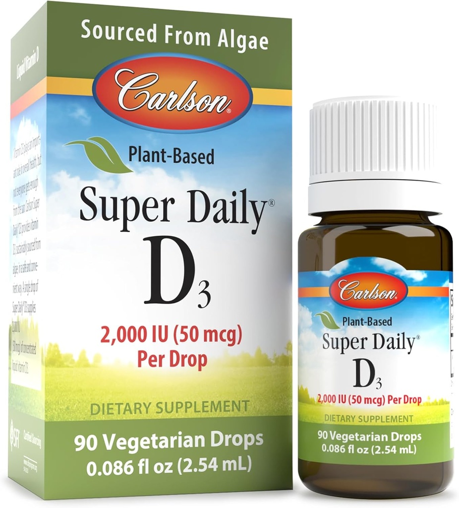 Carlson - Plant-Based Super Daily D3 2000 IU (50 mcg) per drop, Vegetarian Vitamin D drops, Liquid Vitamin D3, Sourced from Algae, Unflavored, 90 drops (2.54 mL)