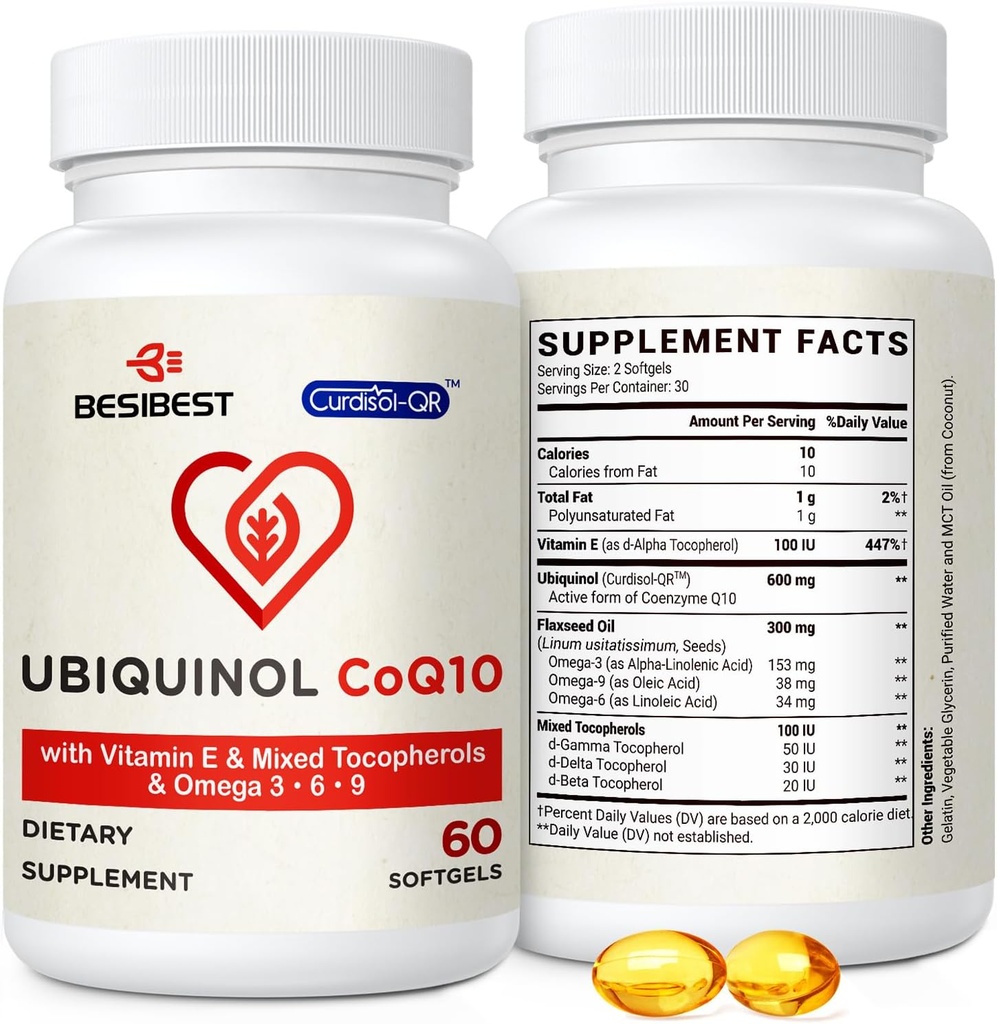 Ubichinol CoQ10-600mg-Softgel, Active Coq10 Ubichinol Supplement met Vitamine E & Omega 3, 6, 9, Hoge Absorptie-Co-enzym-Q10, Krachtige Antioxidant voor Energieproductie, Getest, 60 Tel.
