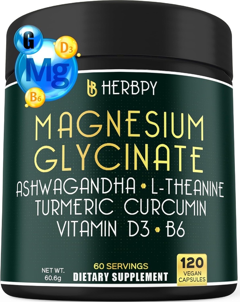 6in1 Magnesium Glycinate, 비타민 D3, B6, L-Theanine, Ashwagandha 및 Turmeric Root와 함께 편안한 하루와 밤 보충 - 두뇌, 심장 및 소화 건강 지원 - 120 Vegan 캡슐