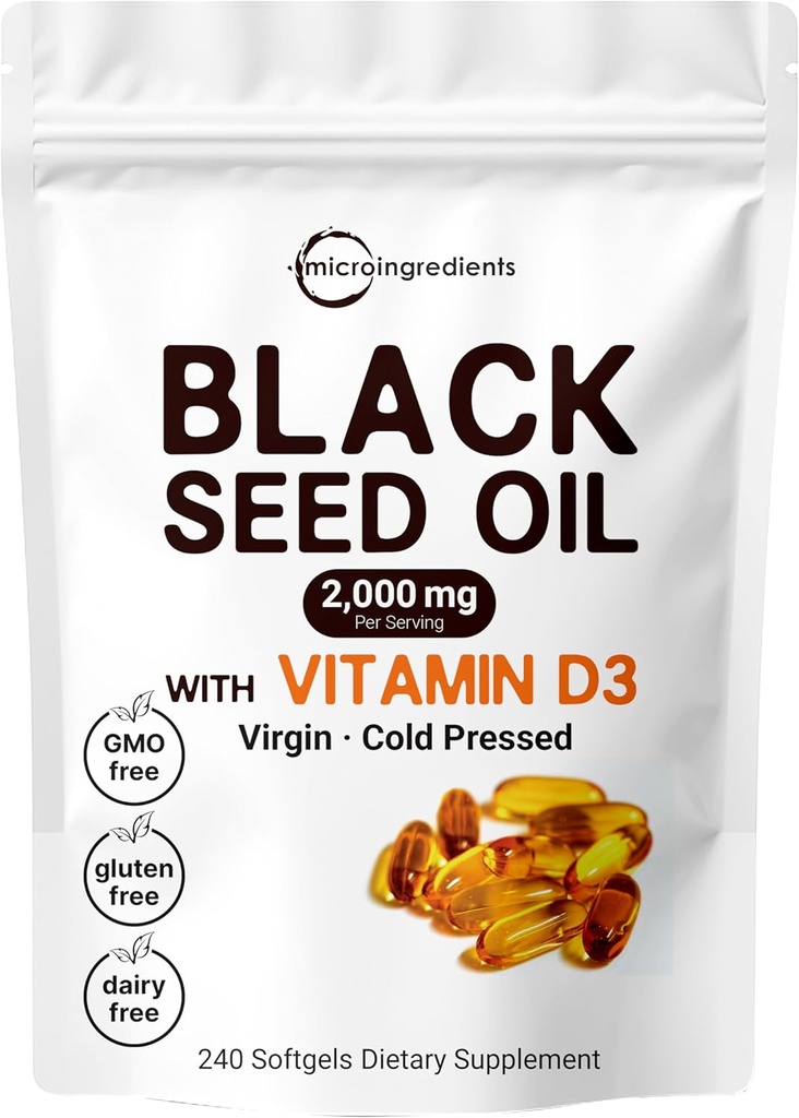Micro Ingredients Black Seed Oil 2000 mg ar vitamīnu D3 1000 SV, 240 Softgels ; Auksti presētas - Nigella Sativa Tabletes no Ēģiptes, Virgin Oil, Bez smaržas, ne-GMO & No Gluten