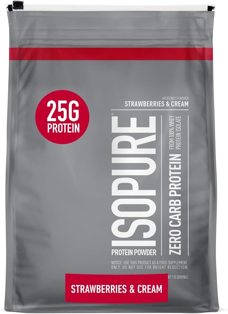Isopure Zero Carb 100% Pure Whey Isolate Protein Powder, Lactose Free, Gluten Free, With Vitamins, Strawberries & Cream, 25g Protein Por Serving, 7.5 Lbs, 110 Servings (Packaging May Vary)