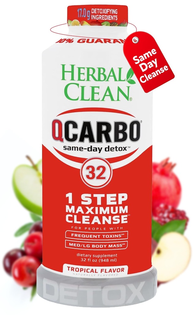 Herbal Clean Qcarbo32 Same-Day Detox Cleanse Drink (32 fl oz) - Tropical Flavor Full Body Cleanse* Detox Drink for Moderate Toxin Level*, Vitamin B2 and Vitamin B12 for Men & Women
