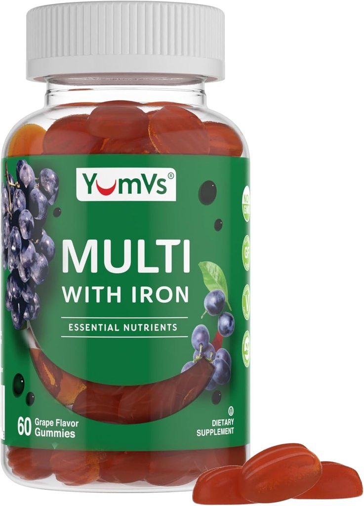 Gommies de fer YUM-V - Supplément de fer multivitamine avec vitamine C, A, B & Zinc, soutient l'oxygène du sang, suppléments végétaliens pour les femmes, les hommes et les enfants pour la croissance et le développement - Flaveur de raisin
