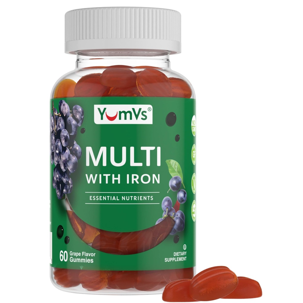 YUM-V'S Iron Gummies - Multivitamin Iron Supplement with Vitamin C, A, B & Zinc, Supports Blood Oxygen, Vegan Supplements for Women, Men & Kids for Growth and Development - Grape Flavor | 60 Count