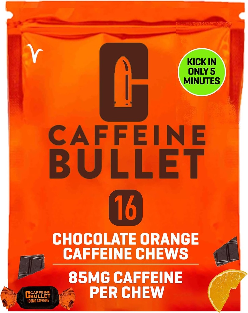 Caffeine Bullet Energy Chews - Шоколадний помаранчевий. 16 * 85mg - Faster Kick Than Таблетки, гелі та Гум. Спортивні науки для бігу, Велоспорт, Gaming. Попереднє тренування Endurance Boost.