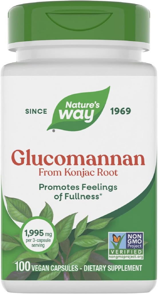 Nature's Way Herbal Glucomannan von Konjac Root Capsules, fördert Gefühle der Vollständigkeit*, 1,995 mg pro 3-Capsule Serving, Non-GMO Project Verified, Vegan, 100 Kapseln (Packaging May Vary)