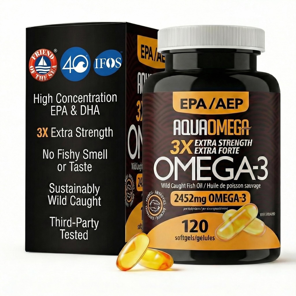 AQUAOMEGA 3X Extra Strength Omega-3 Fish Oil for Heart, Brain & Immune Support, 1636mg EPA, 544mg DHA + Vitamin D3, Full Natural Triglyceride Form, Wild Caught, IFOS 5-Star Certified (120 Softgels)