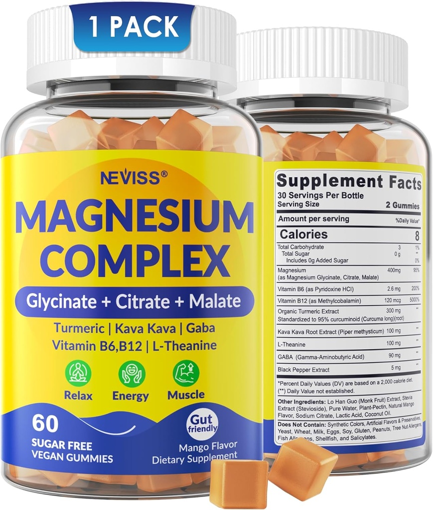 Complexo de magnesio Gummies 400mg, Magneisum Glycinate Citrato Malato + Turmeric, GABA, B6 B12, Kava Kava, L-Theanina para o sono, Calm, Relaxación, Enerxía, Gummies de magnesio para mulleres, Vegan, 60 Cts