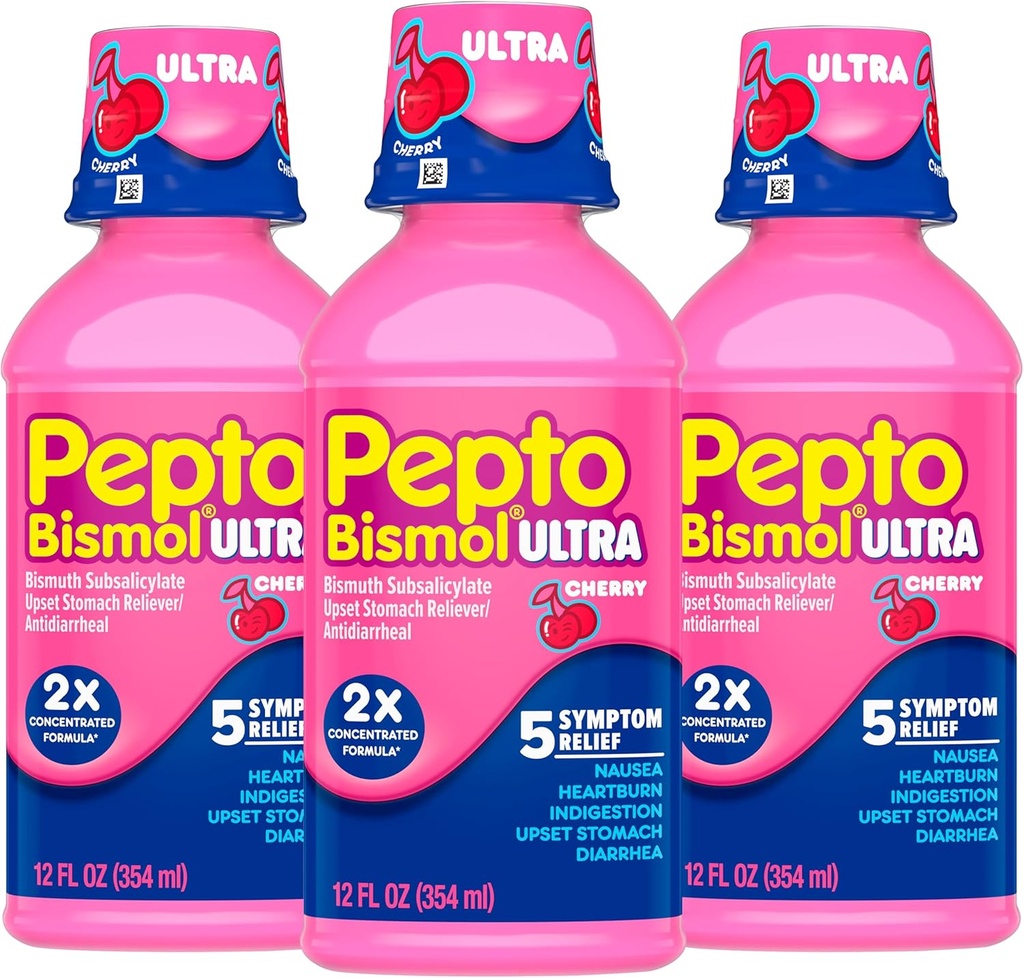 Pepto Bismol Tekoča Ultra za slabost, zgago, prebavne motnje, vznemirjen želodec in diarejo - 5 Symptom hitro lajšanje, češnjeva aroma 12 oz (Pack po 3)