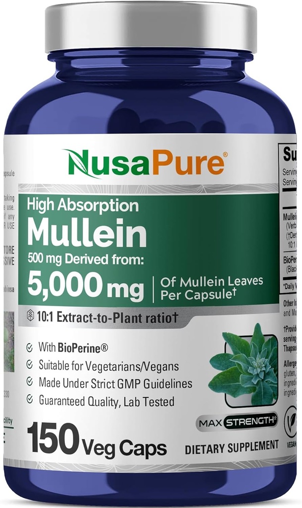 NusaPure Mullein Leaf Capsules 10:1 Extract, 500 mg Equivalent to 5,000 mg per Veggie Caps - 150 count - Verbascum Thapsus (Non-GMO, Vegan) Dietary supplement