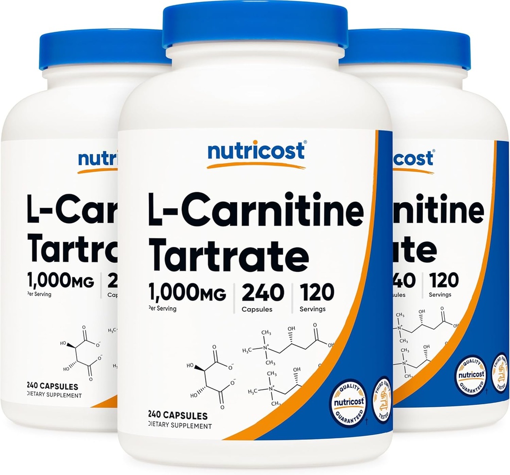 Nutricost L-Carnitine Tartrate 500mg, 240 Capsules - 1000mg Per Serving (3 Bottles)