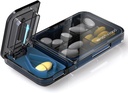 Travel Pill Organizer with Pill Cutter Splitter, 4 Compartments Pill Case, Small Pill Box for Pocket Purse, Daily Pill Container to Hold Vitamins Cod Liver Oil Supplements, Medicine Planner (Black)